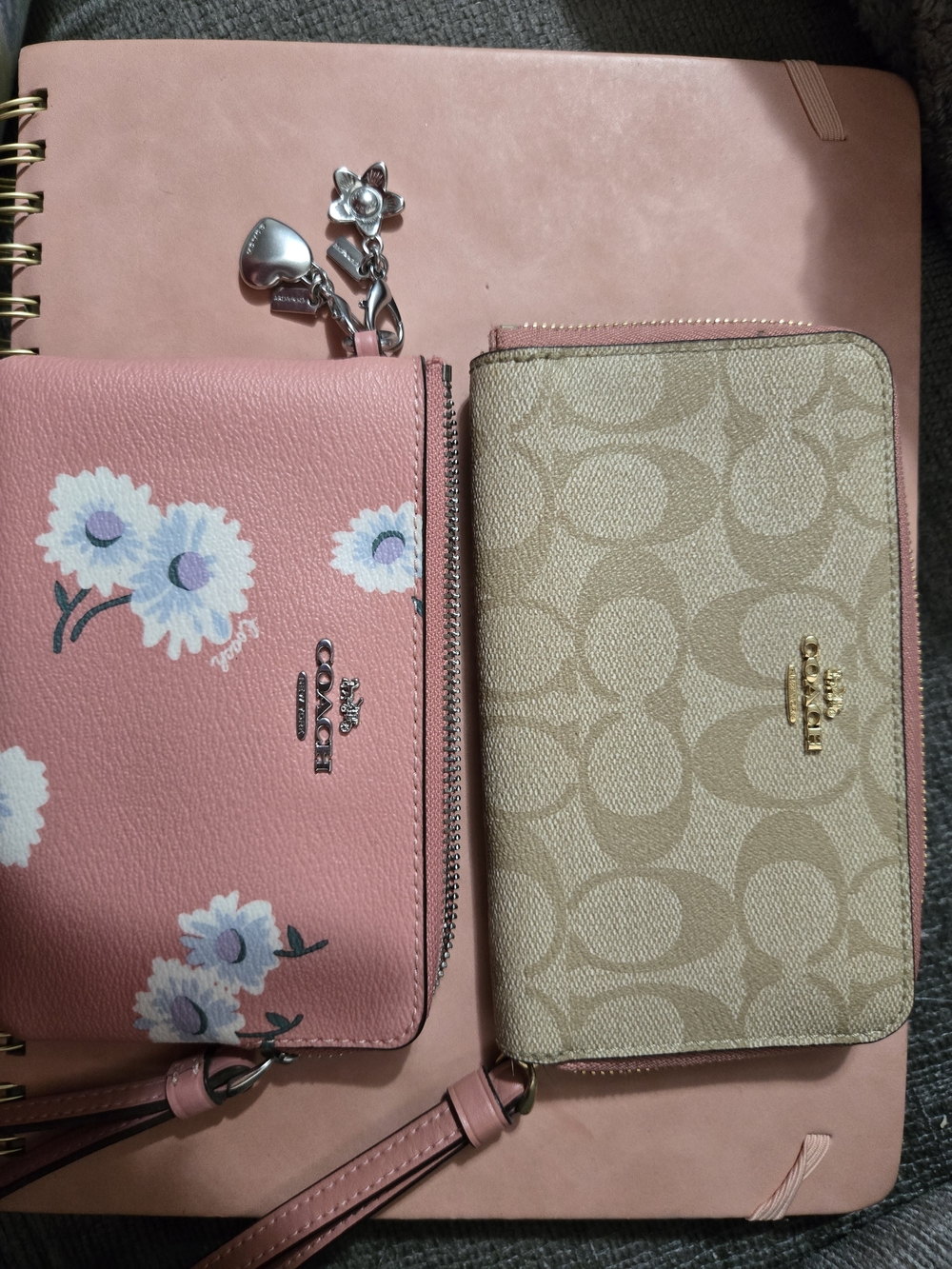 Coach Pink Floral Zip Wallet / Plus Gold And Tan Wristlet Coach. (2pk)